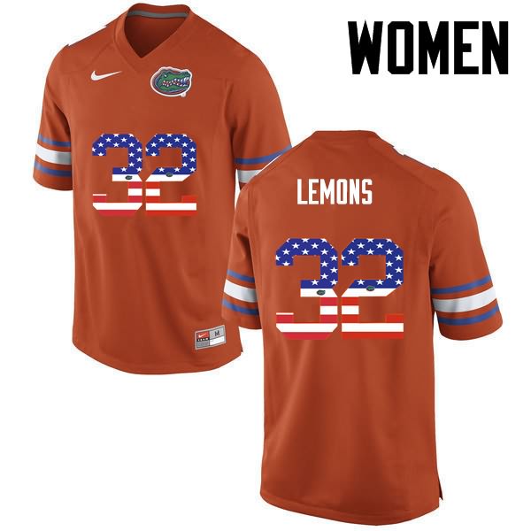 Women's NCAA Florida Gators Adarius Lemons #32 Stitched Authentic USA Flag Fashion Nike Orange College Football Jersey SEV7565JZ